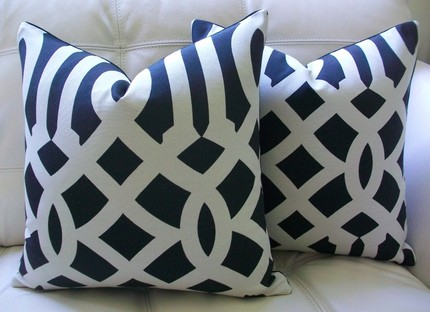 PAIR OF DECORATIVE DESIGNER 16X16 Pillow Covers - Imperial Trellis Pattern- Black and Off White