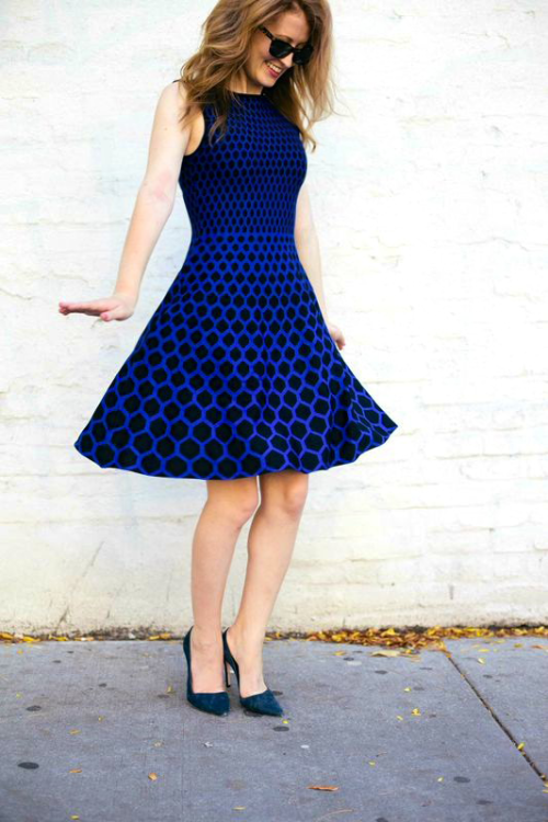 blue black fit and flare dress