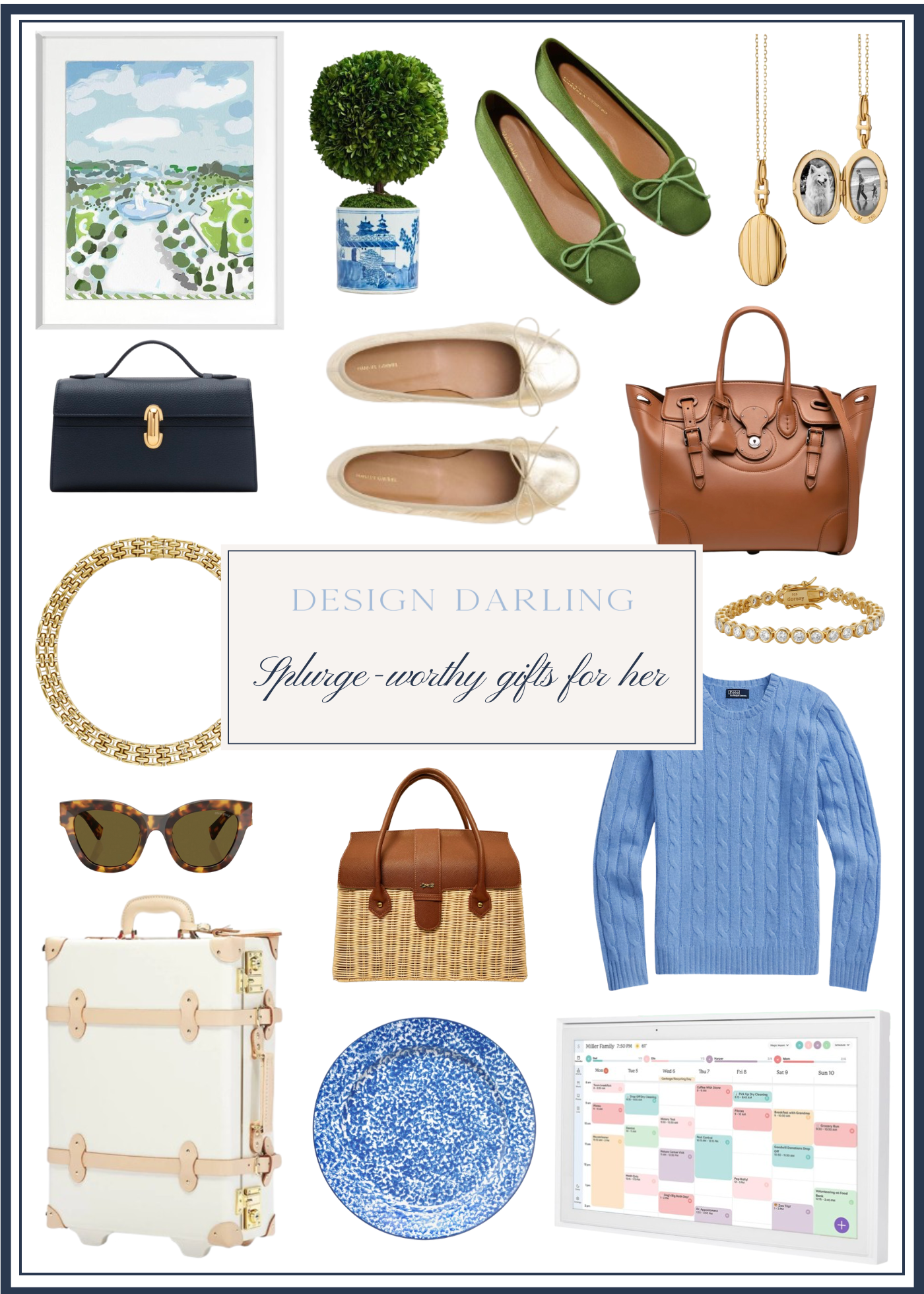 Flat lay collage of splurge-worthy holiday gifts for her including luxury handbags, gold jewelry, classic ballet flats, blue cable-knit sweater, wicker tote, tortoise sunglasses, designer luggage, and home decor pieces like artwork, topiary, and blue speckled plate from Design Darling.