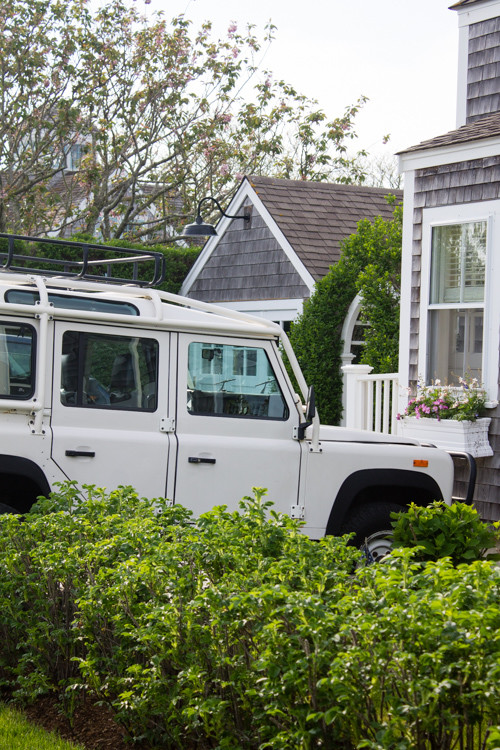 A white Land Rover Defender in 'Sconset on Nantucket