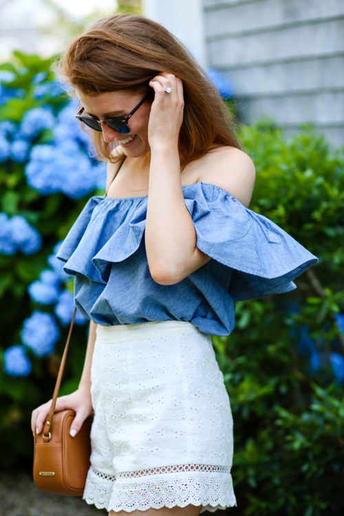 design darling wears a rebecca minkoff chambray off the shoulder top and endless rose eyelet shorts