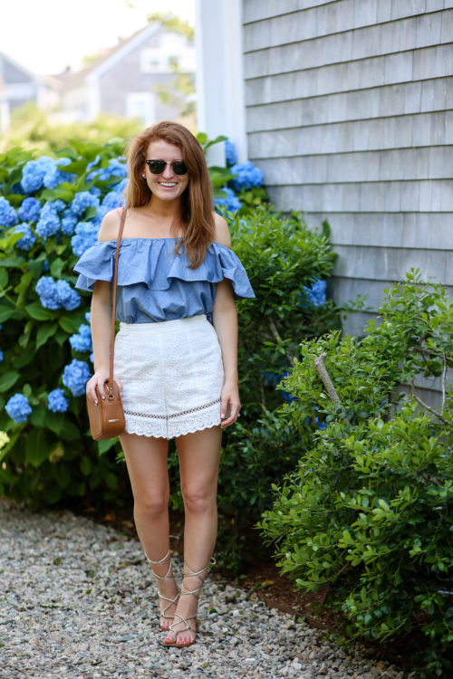 rebecca minkoff chambray off the shoulder top with endless rose eyelet shorts and steve madden werkit sandals