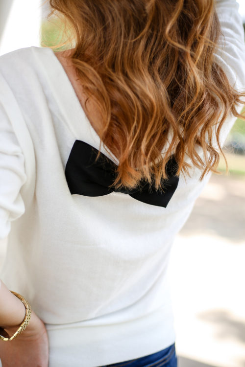 design darling wears a kate spade black and white bow sweater available on hautelook