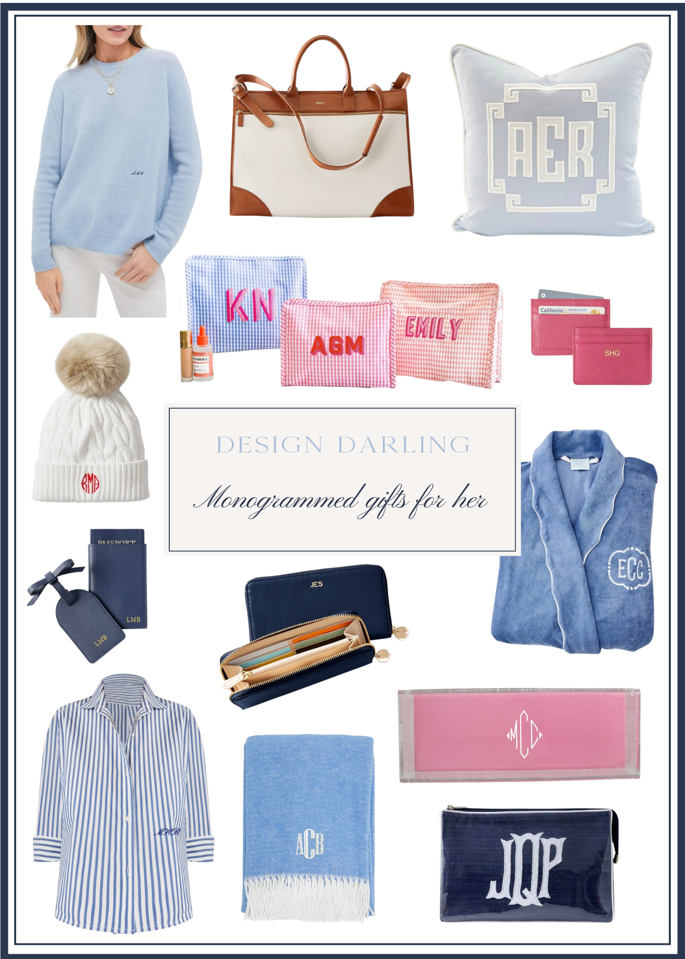 Flat lay collage of monogrammed gift ideas for women including personalized sweaters, travel pouches, robes, wallets, and home decor in blue, pink, and neutral tones from Design Darling. Perfect for holiday gifting and thoughtful personalized presents.