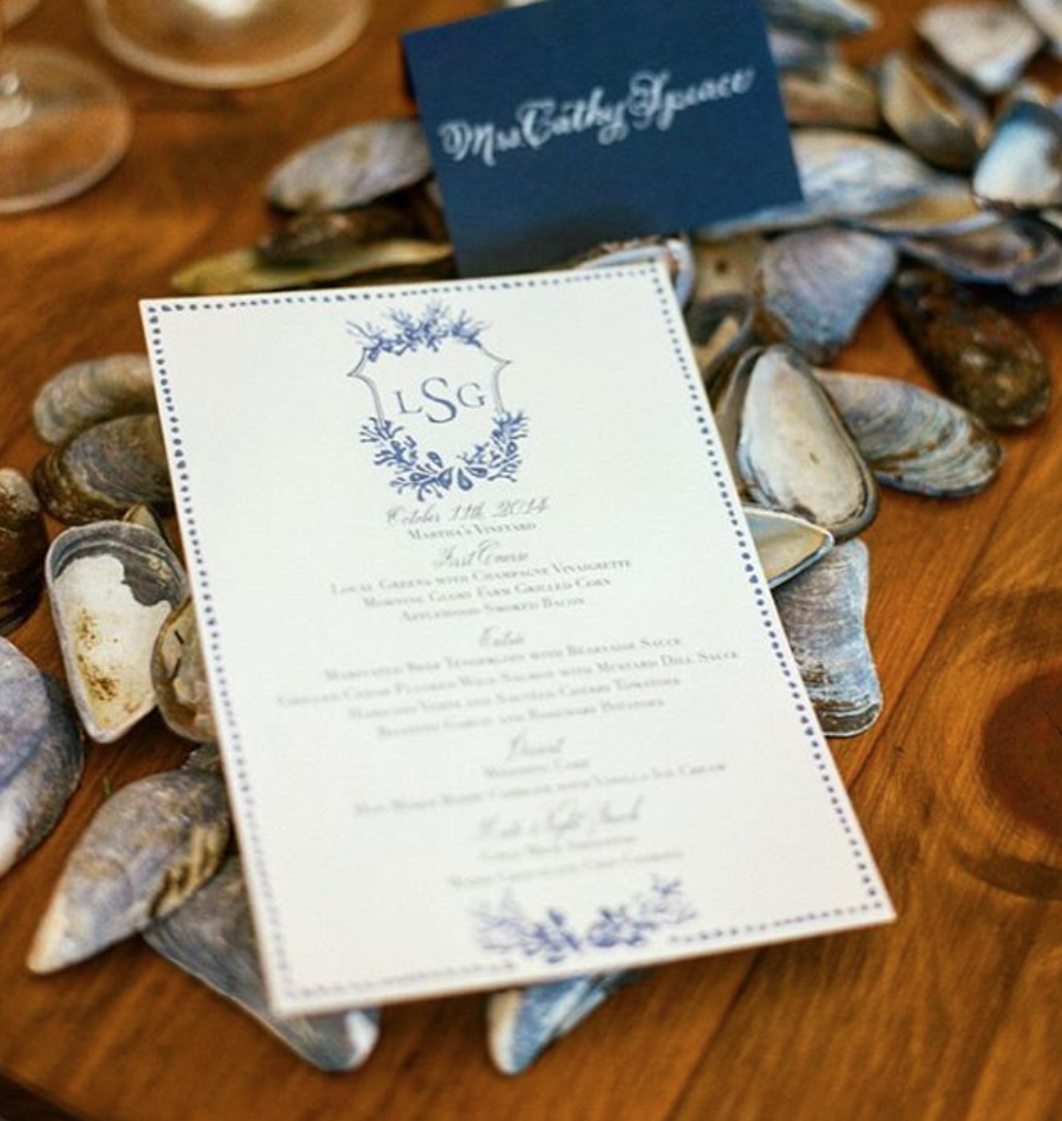 watercolor crest on wedding menus by kearsley lloyd