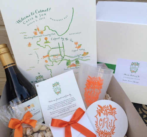 wedding welcome boxes with custom wedding crest and map by kearsley lloyd