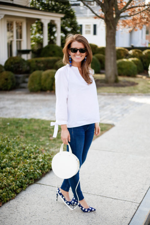 madewell tie sleeve blouse clare v white circle bag and banana republic gingham heels on design darling