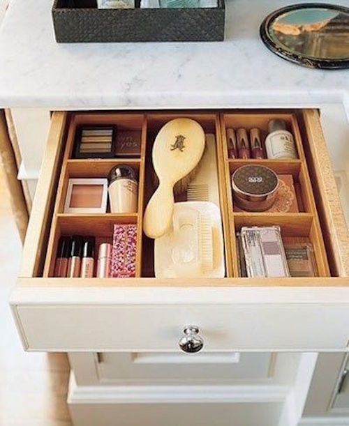 organized bathroom drawers with wood dividers
