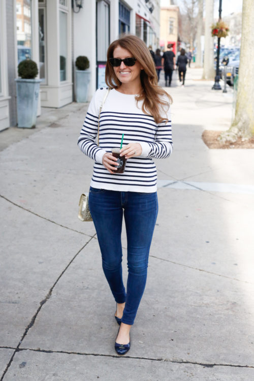 petit bateau striped sweater with skinny jeans and ferragamo flats on design darling
