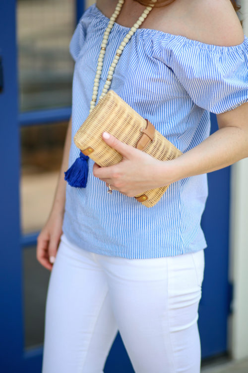 Tuckernuck-blue-seersucker-top-and-J.Crew-rattan-clutch