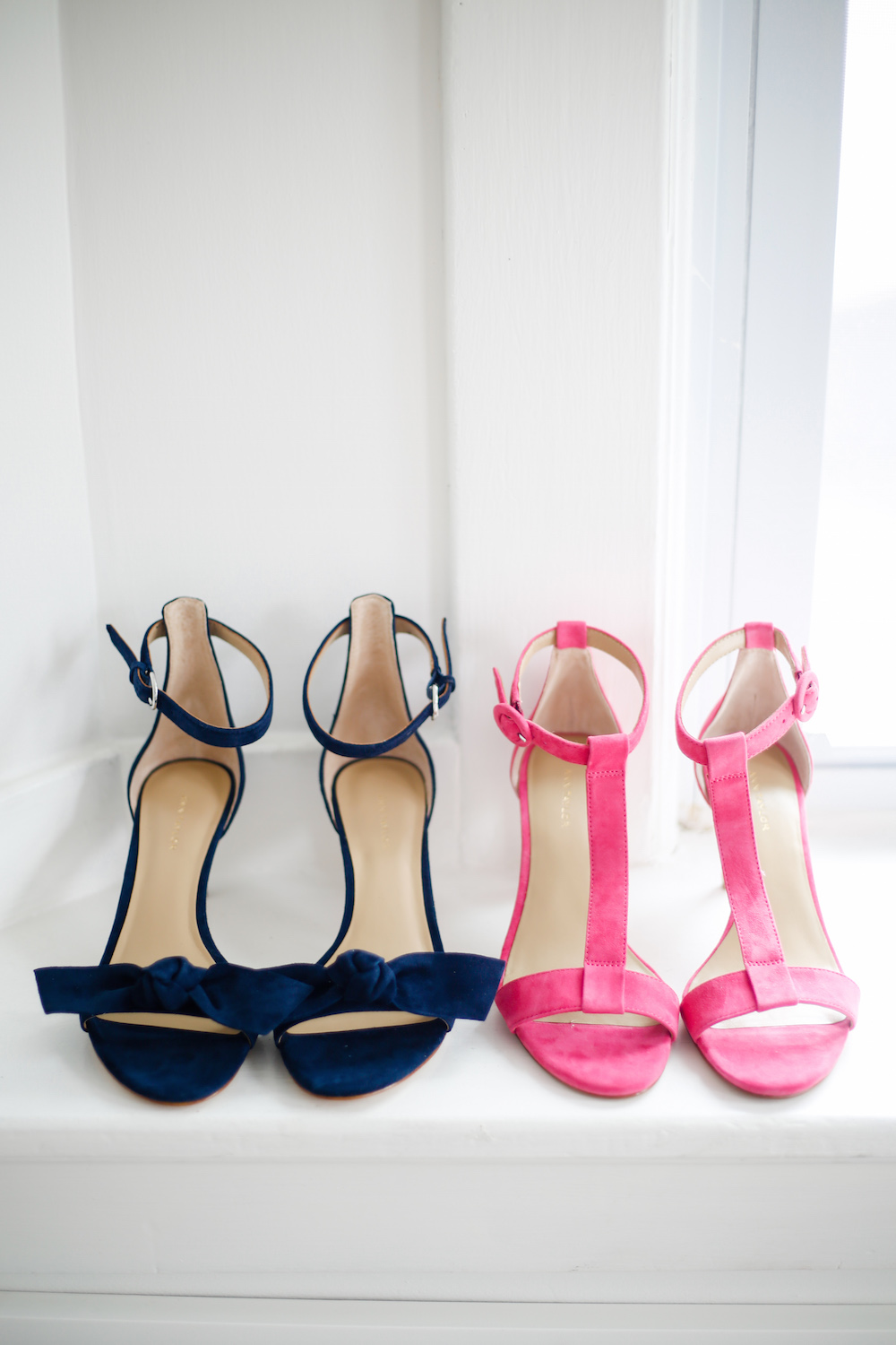 ann taylor demi suede t-strap sandals in pink and ann taylor erica suede bow sandals in navy blue