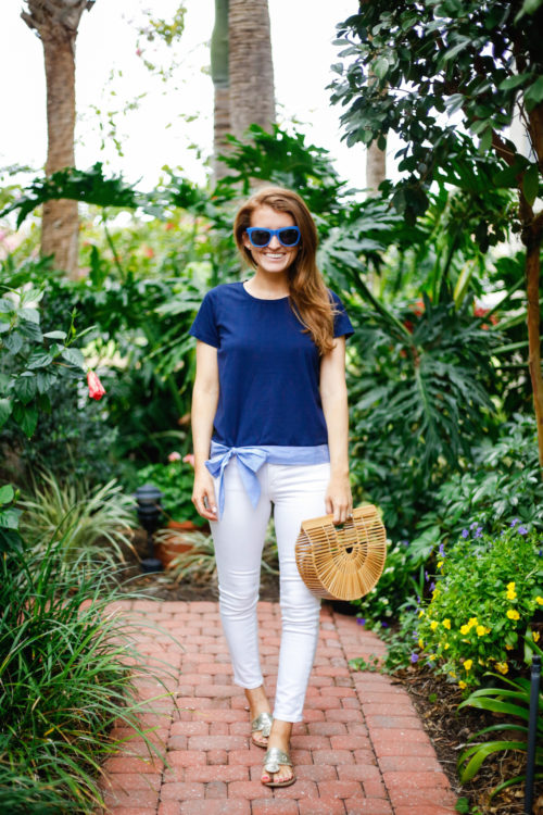 jcrew side tie t-shirt bow top and cult gaia ark bag