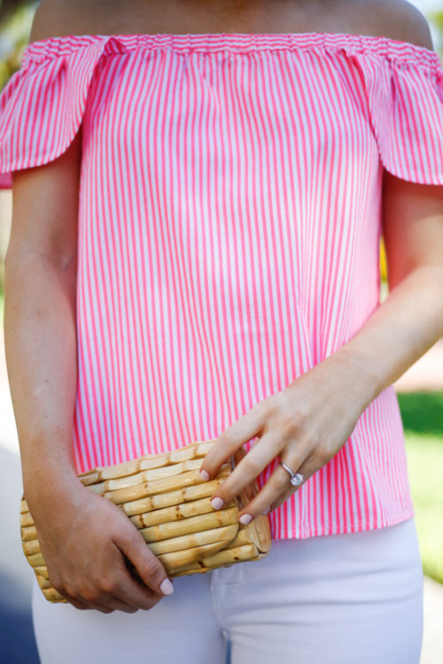 vineyard vines pink off the shoulder top with bamboo clutch