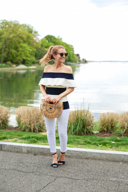 Ann Taylor Off The Shoulder Ruffle Sweater and Ann Taylor Erica Suede Bow Sandals in Navy Blue