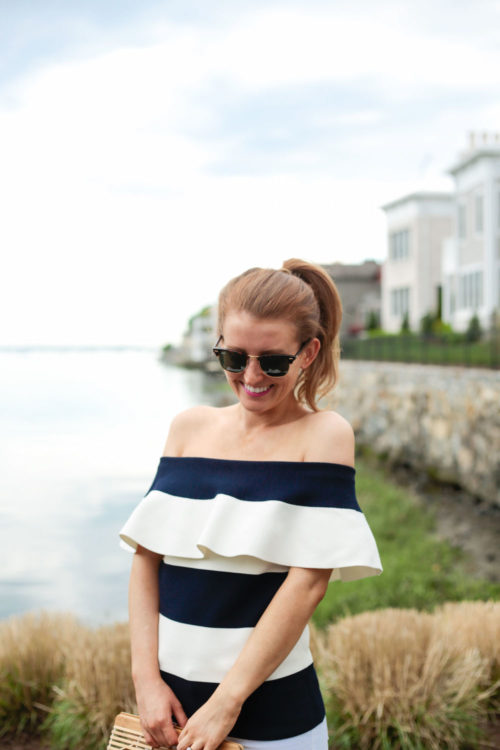 Ann Taylor Off The Shoulder Ruffle Sweater in Navy Blue and White Stripe