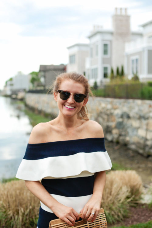 Ray-Ban Classic Clubmaster 51mm Sunglasses and Ann Taylor Off The Shoulder Ruffle Sweater