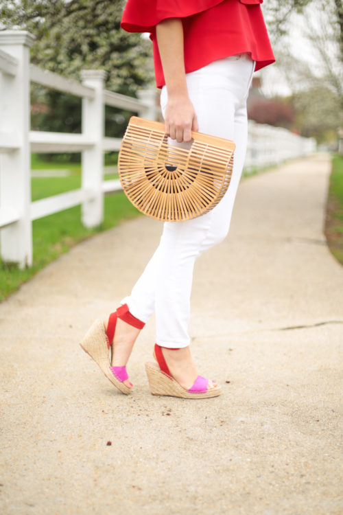j.crew lookout high-rise jean in white with cult gaia small ark bag and loeffler randall harper espadrille wedges