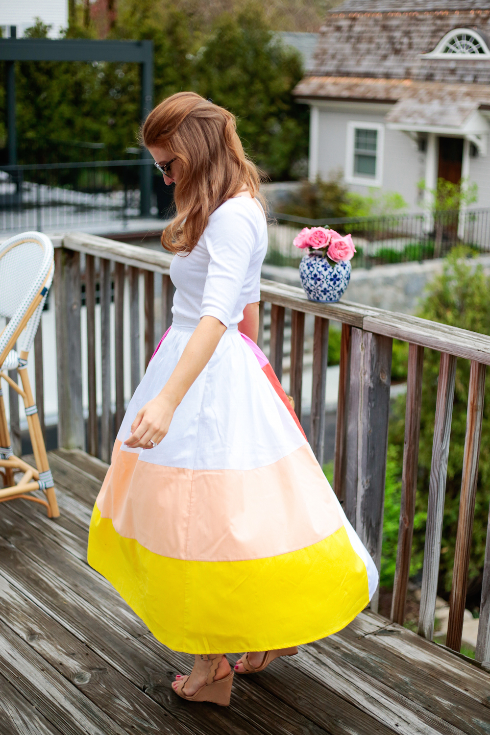 j.crew perfect-fit scoopneck t-shirt and mara hoffman patchwork midi skirt