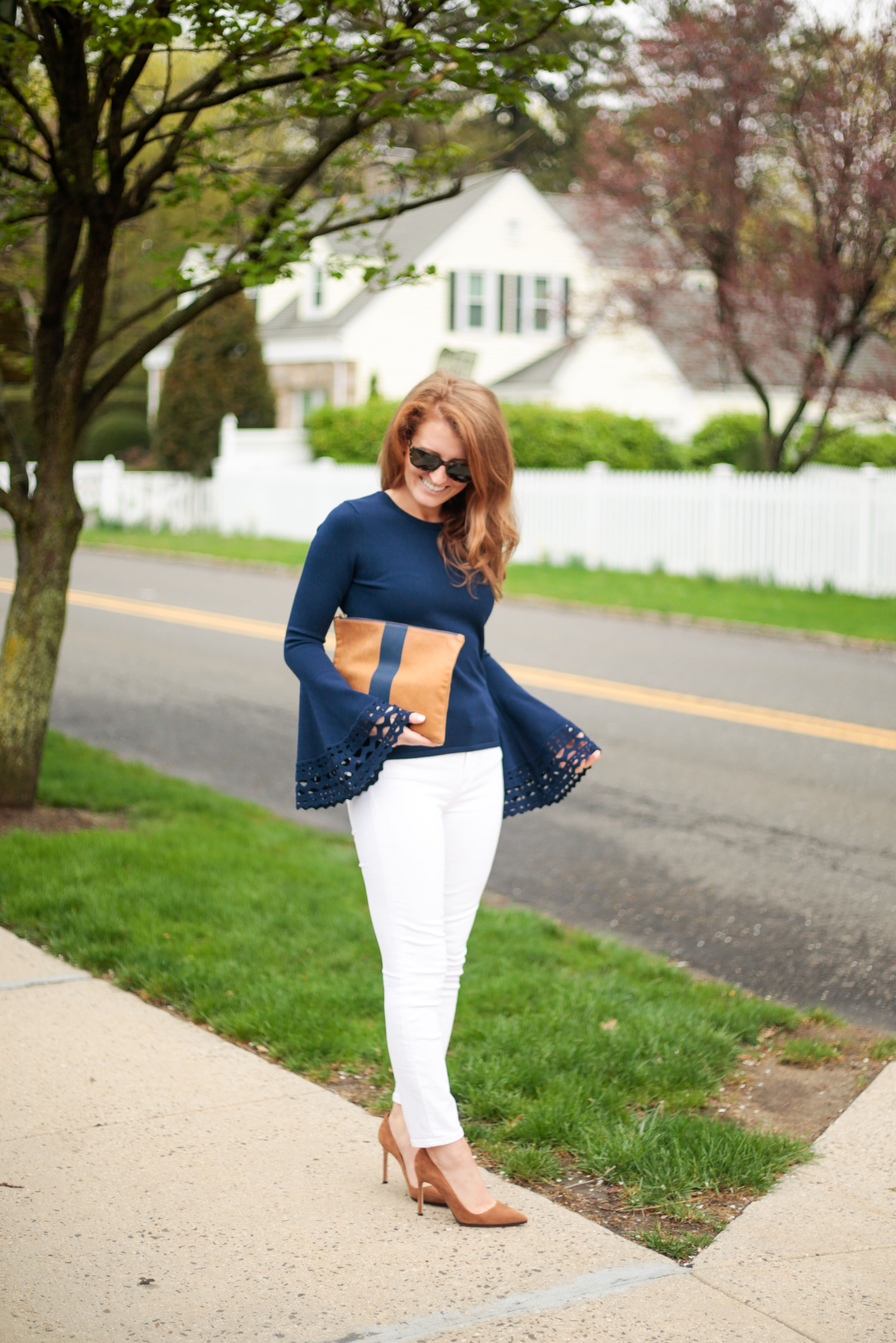 milly cutout flare sleeve pullover and manolo blahnik bb pumps in camel suede