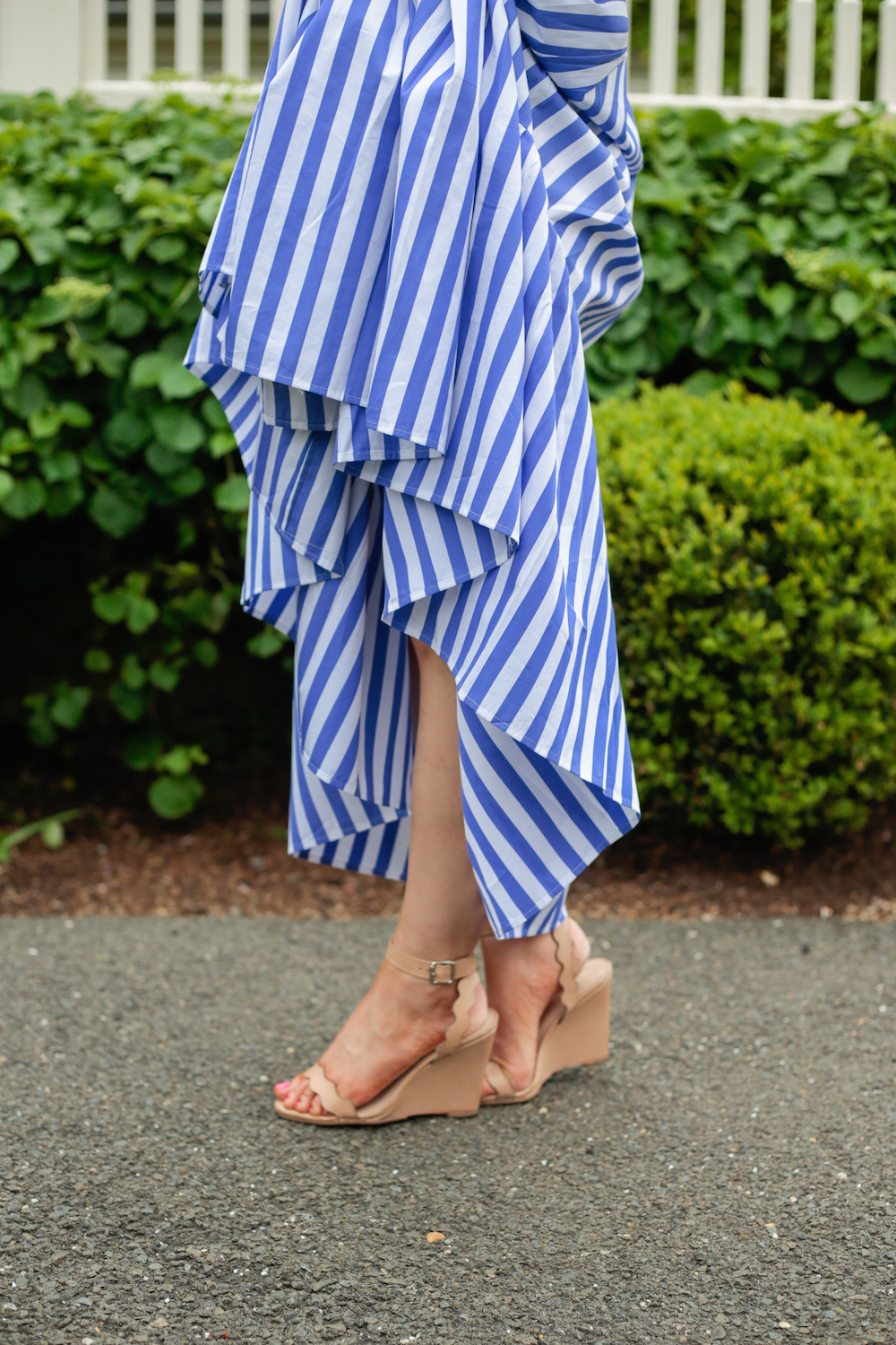 thomas mason for j.crew tiered ruffle dress and loeffler randall piper wedge sandals