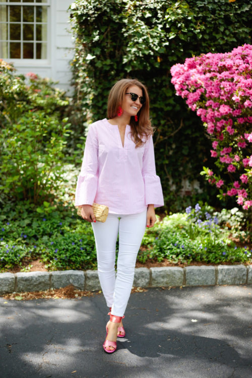 J.Crew striped bell-sleeve top, J.Crew leather-backed sequin petal earrings, J.Crew lookout high-rise crop jean in white, and J.Crew satin colorblock sandals with ankle wraps