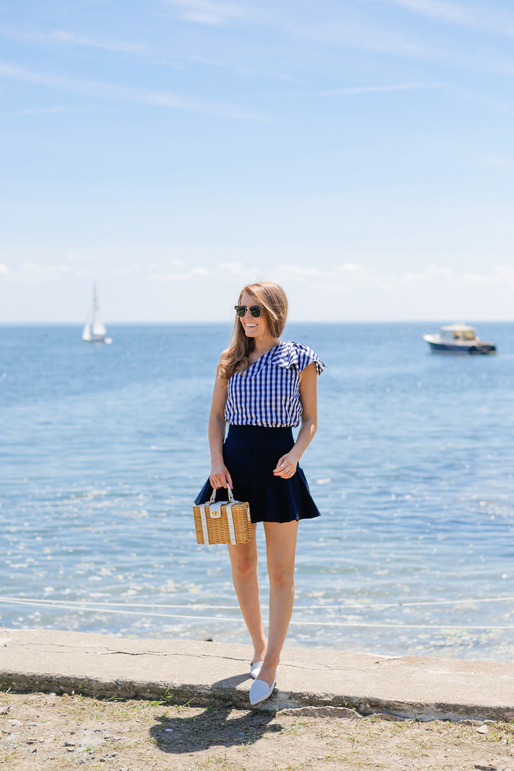 milly gingham shirting cindy top milly italian cady flutter culotte shorts milly wicker small satchel m.gemi stellato flats in white