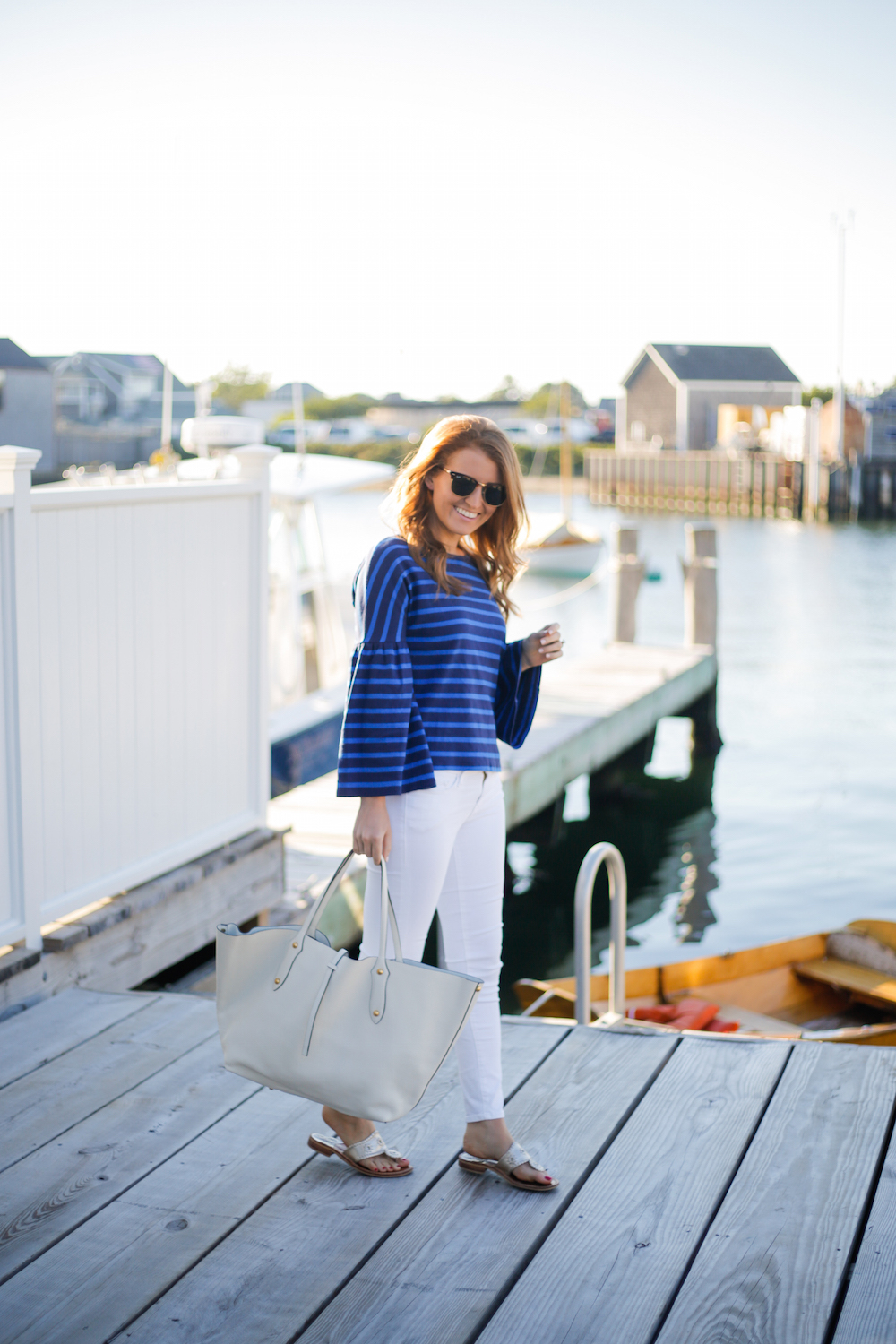 design darling j.crew striped bell-sleeve t-shirt and annabel ingall large isabella tote in ivory leather nantucket