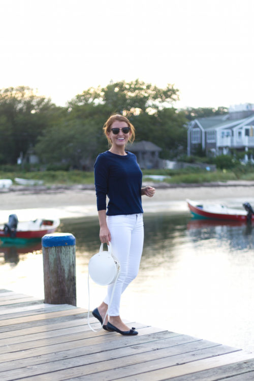 design darling j.crew navy tippi sweater clare v petit alistair white circle bag and ferragamo varina leather flats in navy