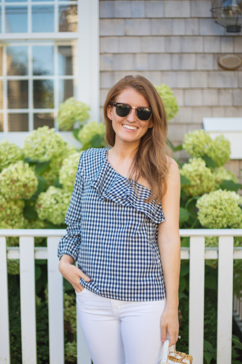 j.crew gingham one-shoulder ruffle top navy blue and white