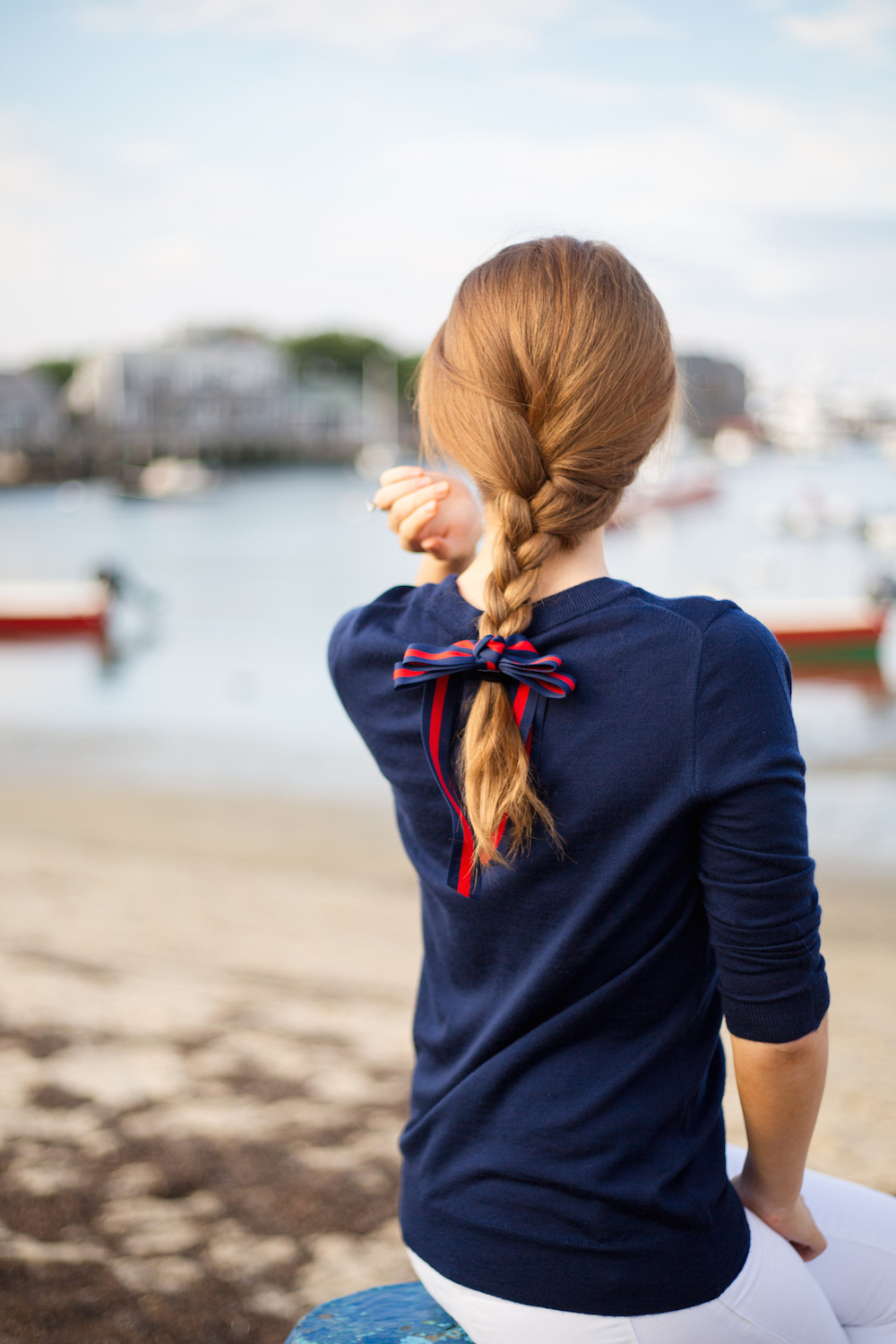 nordstrom cara stripe bow ponytail holder in navy and red