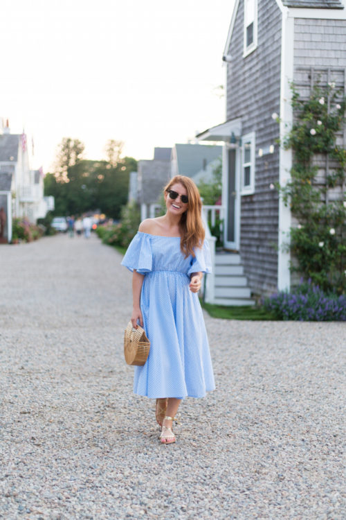 stylekeepers long gingham dress and k. jacques lucile wrap sandals in gold