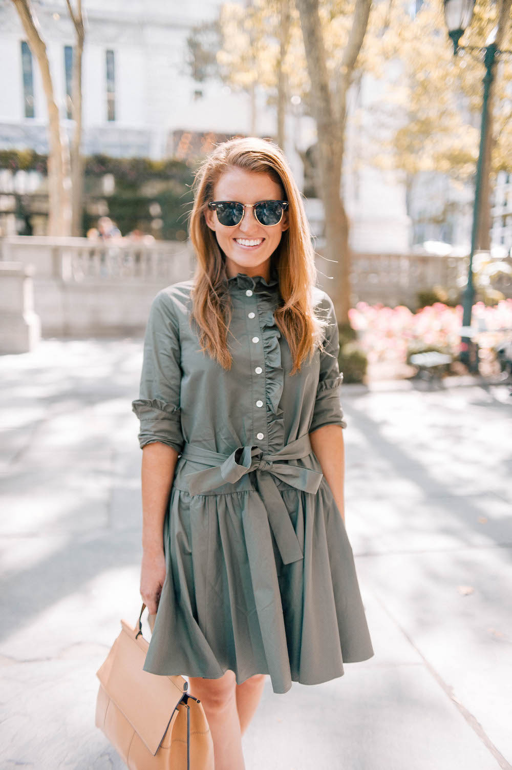 kate spade ruffle neck poplin dress and tory burch block t top handle satchel on design darling