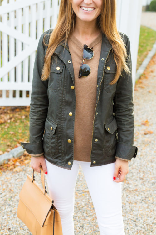 j.crew field jacket with tan cashmere sweater design darling