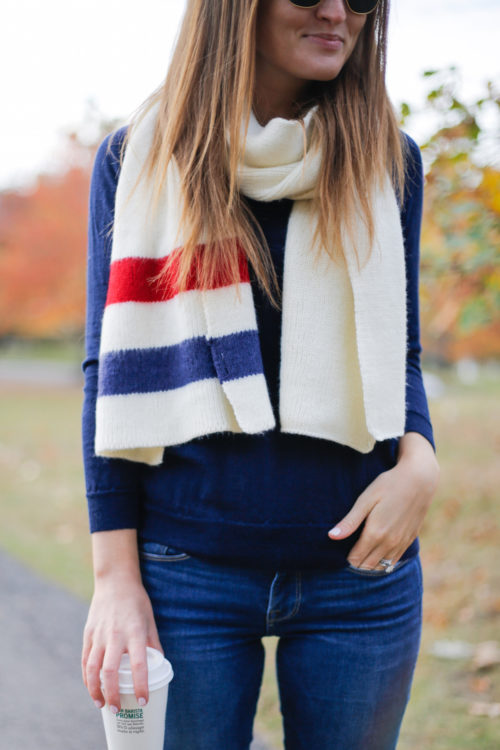 navy and red striped scarf on design darling
