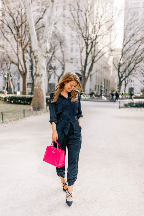 milly silk mechanic jumpsuit and kate spade sam bag