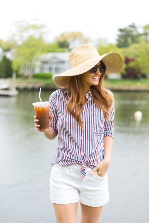 j.crew classic-fit boy shirt in red-and-blue stripe straw sun hat and white denim shorts