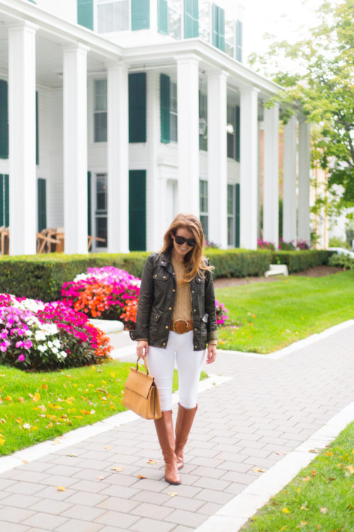 j.crew downtown field jacket and j.crew leather riding boots with white jeans