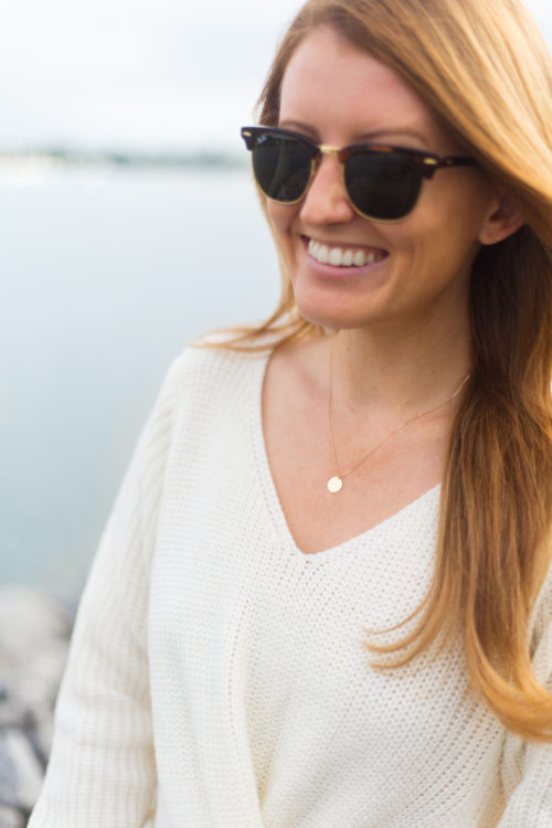 sage the label hold you close twist-front sweater and moon & meadow 14k yellow gold disc pendant necklace