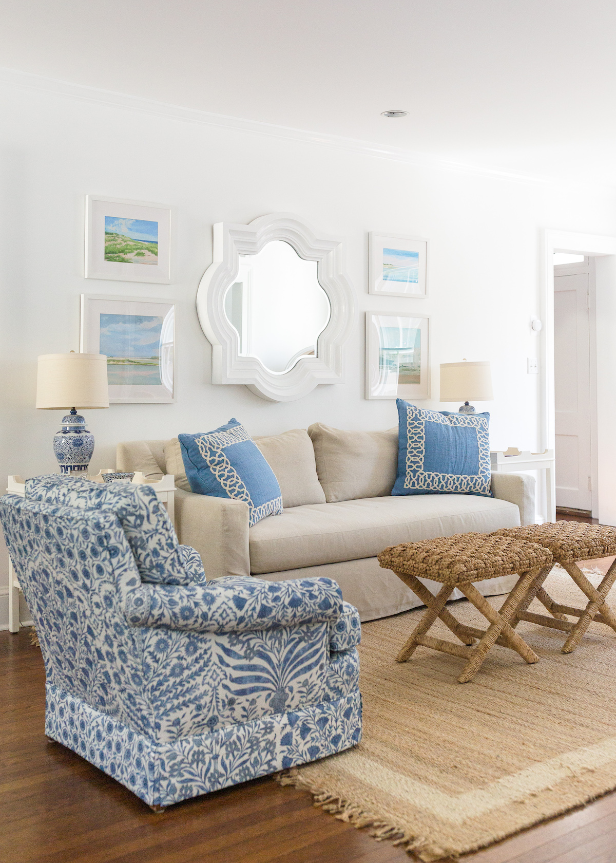 design darling living room quatrefoil mirror lee jofa sameera chairs