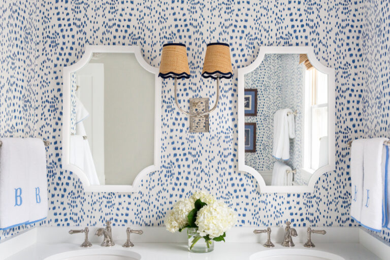Kate and Laurel Hogan Scalloped Wood Framed Mirror Brunschwig & Fils Les Touches wallpaper in bathroom