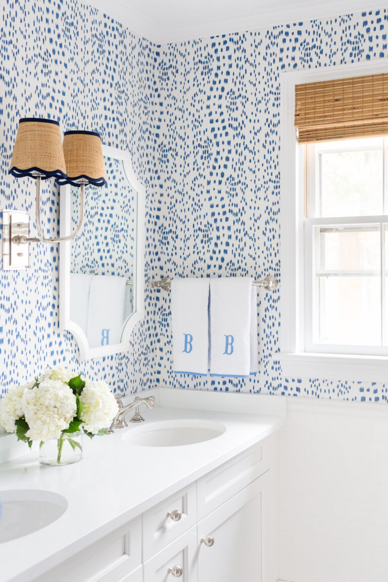 home depot bali natural woven wood shade and brunschwig & fils les touches wallpaper in bathroom