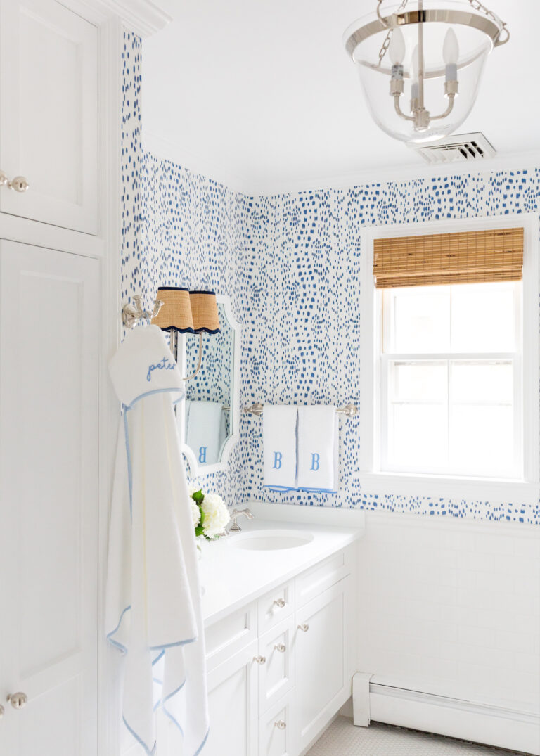visual comfort country bell semi-flush lantern and brunschwig & fils les touches wallpaper in bathroom