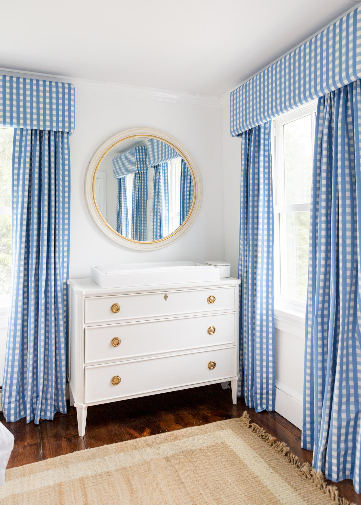 schumacher bermuda check cornflower fabric curtains and caitlin wilson helena dresser