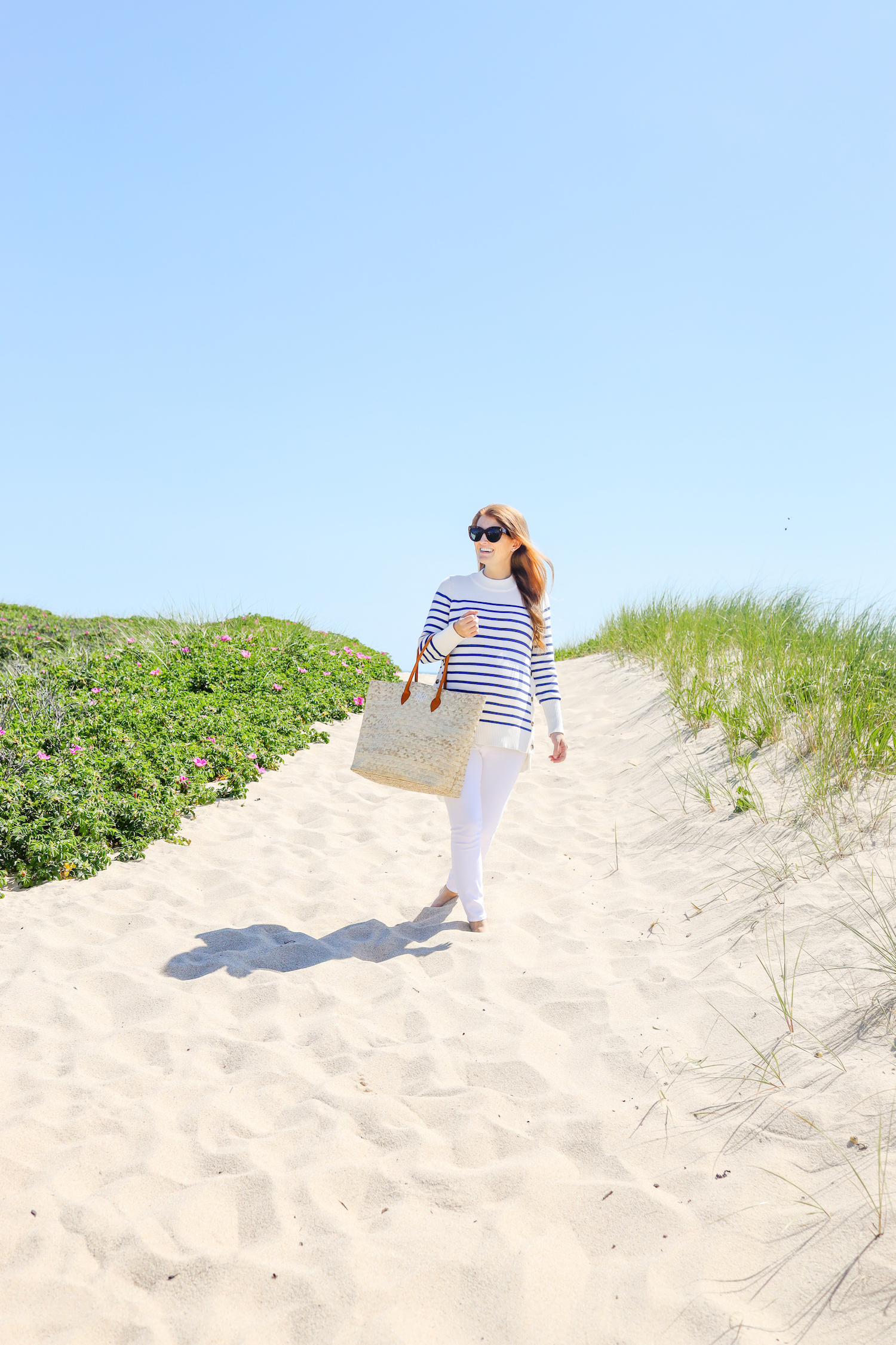 tuckernuck blue stripe bar harbor sweater and mark and graham palm leaf monogrammed tote bag