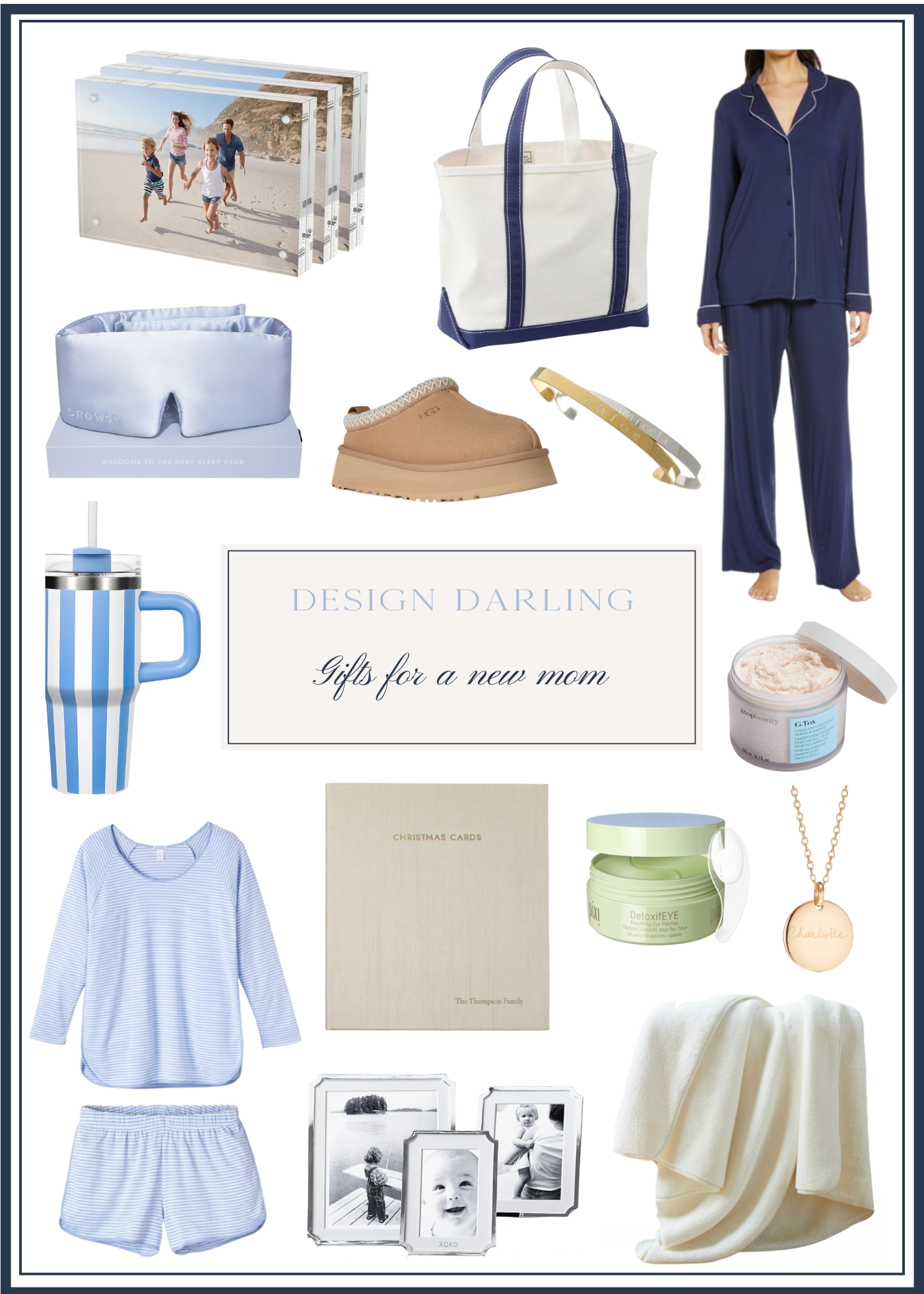 Flat lay collage of holiday gift ideas for new moms featuring cozy pajamas, UGG slippers, sleep masks, skincare, photo frames, personalized jewelry, and tote bags in soothing blue, cream, and neutral tones from Design Darling.