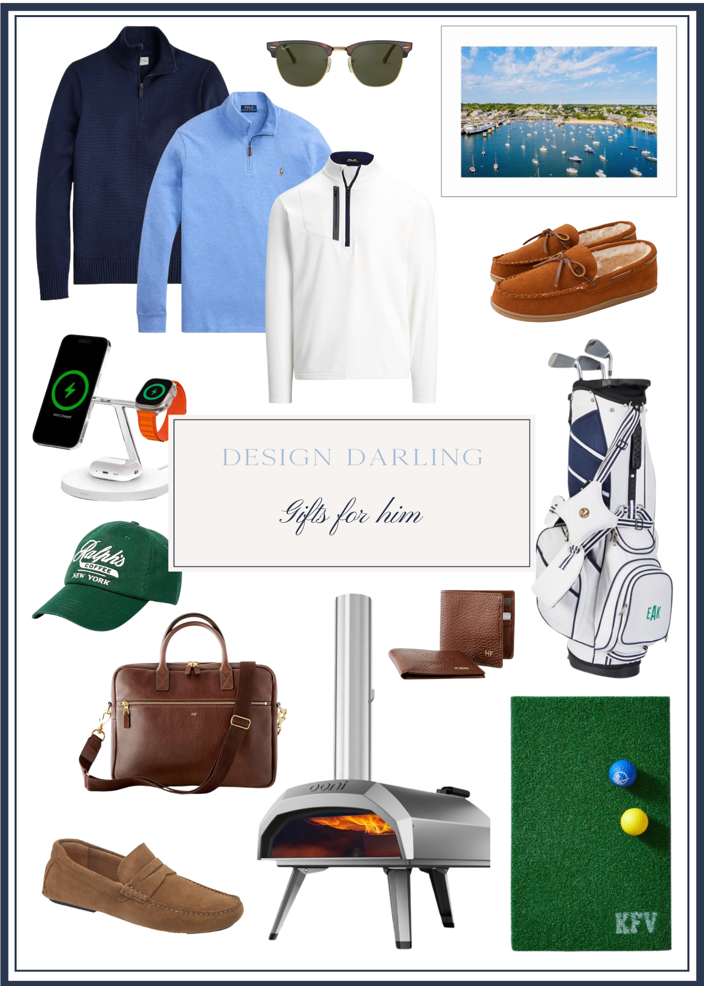 Flat lay collage of Christmas gift ideas for men including quarter-zip sweaters, moccasin slippers, sunglasses, a wireless phone and watch charger, golf putting mat with monogram, leather briefcase and wallet, Ooni pizza oven, golf bag, photograph print, baseball cap, and loafers in classic navy, brown, and neutral tones from Design Darling.