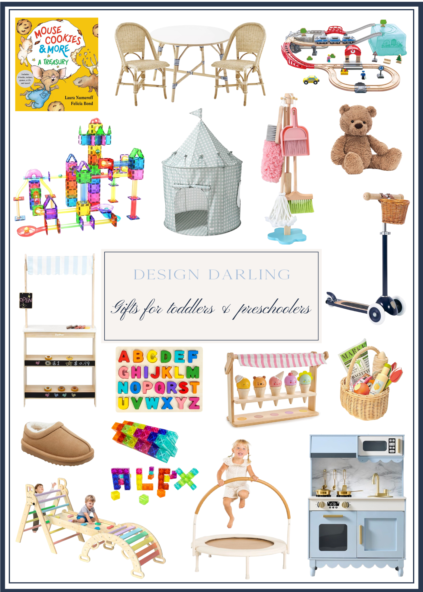Flat lay collage of holiday gift ideas for toddlers and preschoolers including a play kitchen, wooden scooter, wicker table and chairs, magnetic tiles, alphabet puzzle, indoor climbing set, play tent, pretend market stand, toy cleaning set, stuffed teddy bear, ice cream play set, book, slippers, and interactive train set, styled in cheerful colors from Design Darling.