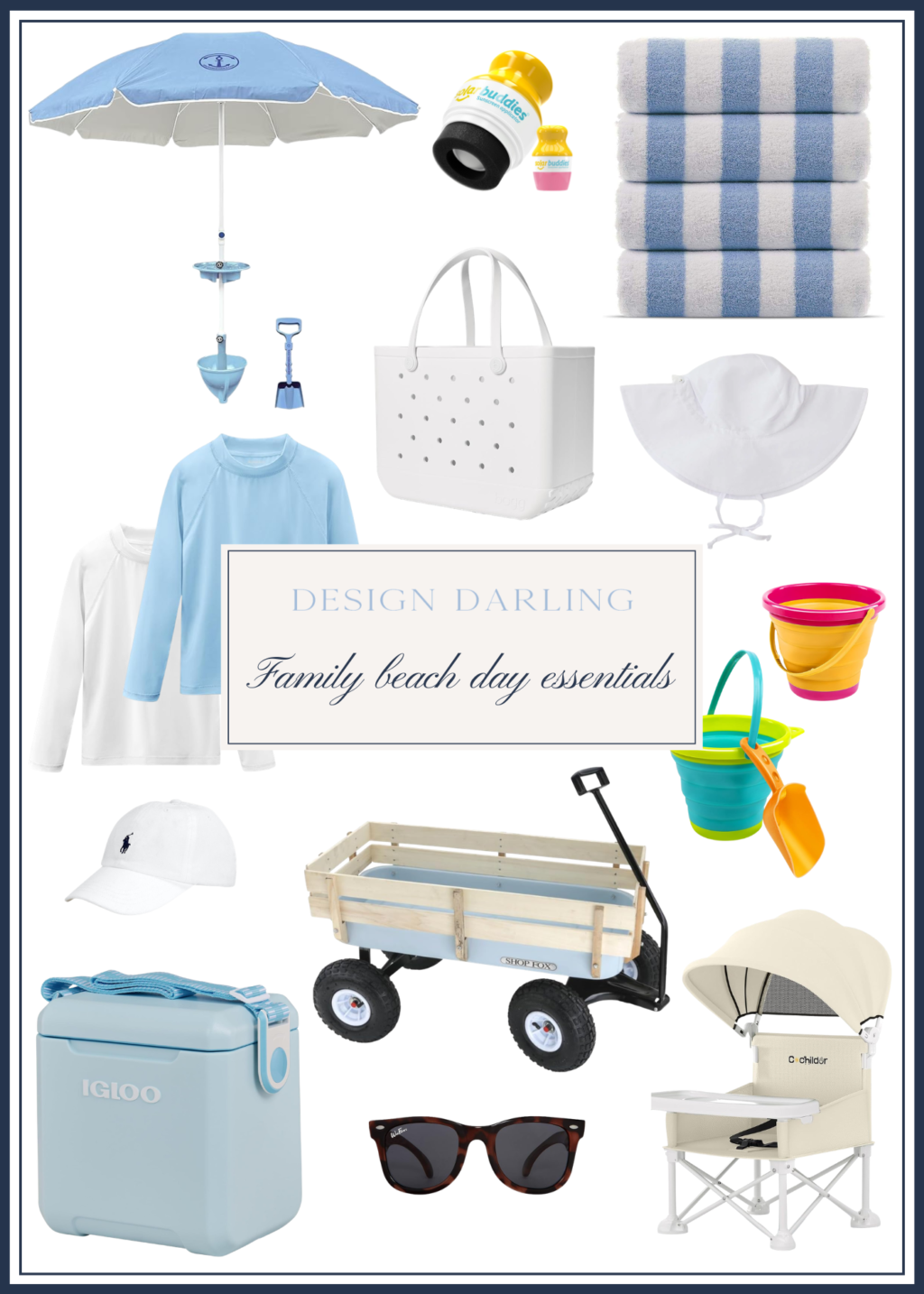 Collage of family beach day essentials