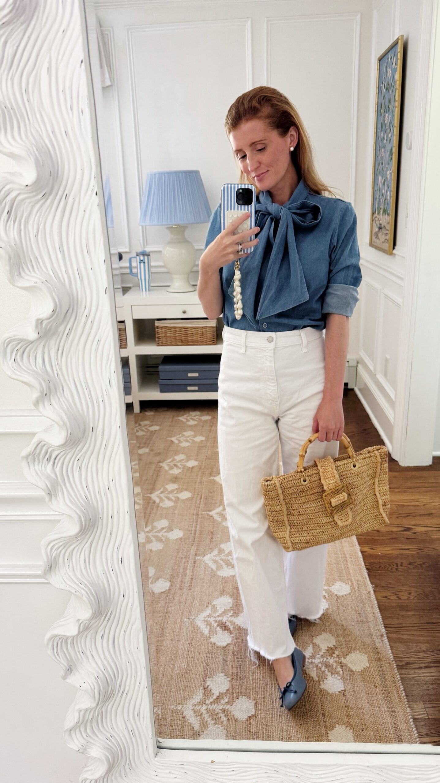 benaar LA beverly denim bow blouse with bow neck