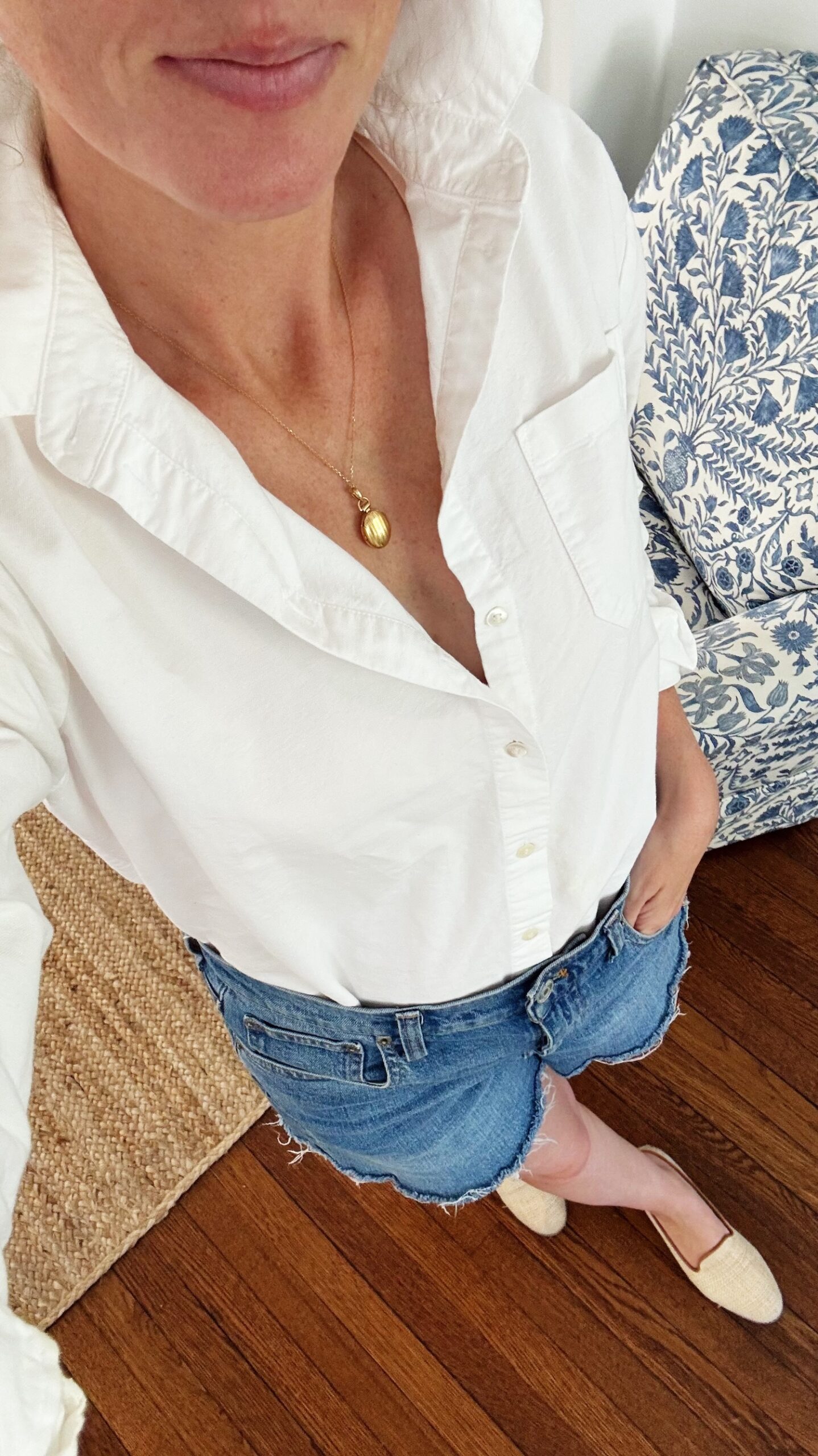 sezane max button down shirt and monica rich kosann locket necklace